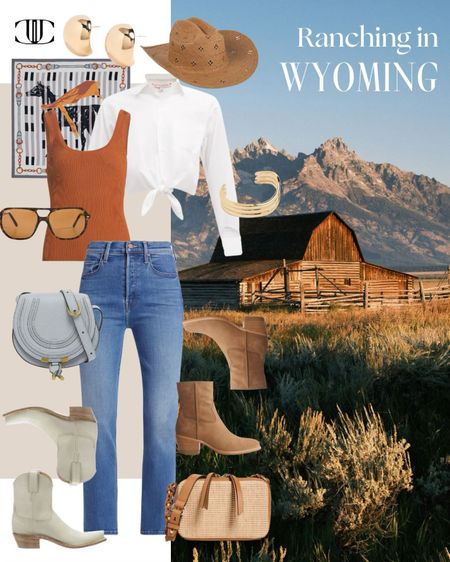 A perfect outfit for a trip to a ranch in Wyoming. 

Denim, blouse, tank top, cowboy hat, cowboy boots, boots, sunglasses, sun hat, travel outfit, travel look, western outfit, bag, cross body bag

#LTKstyletip #LTKtravel #LTKover40