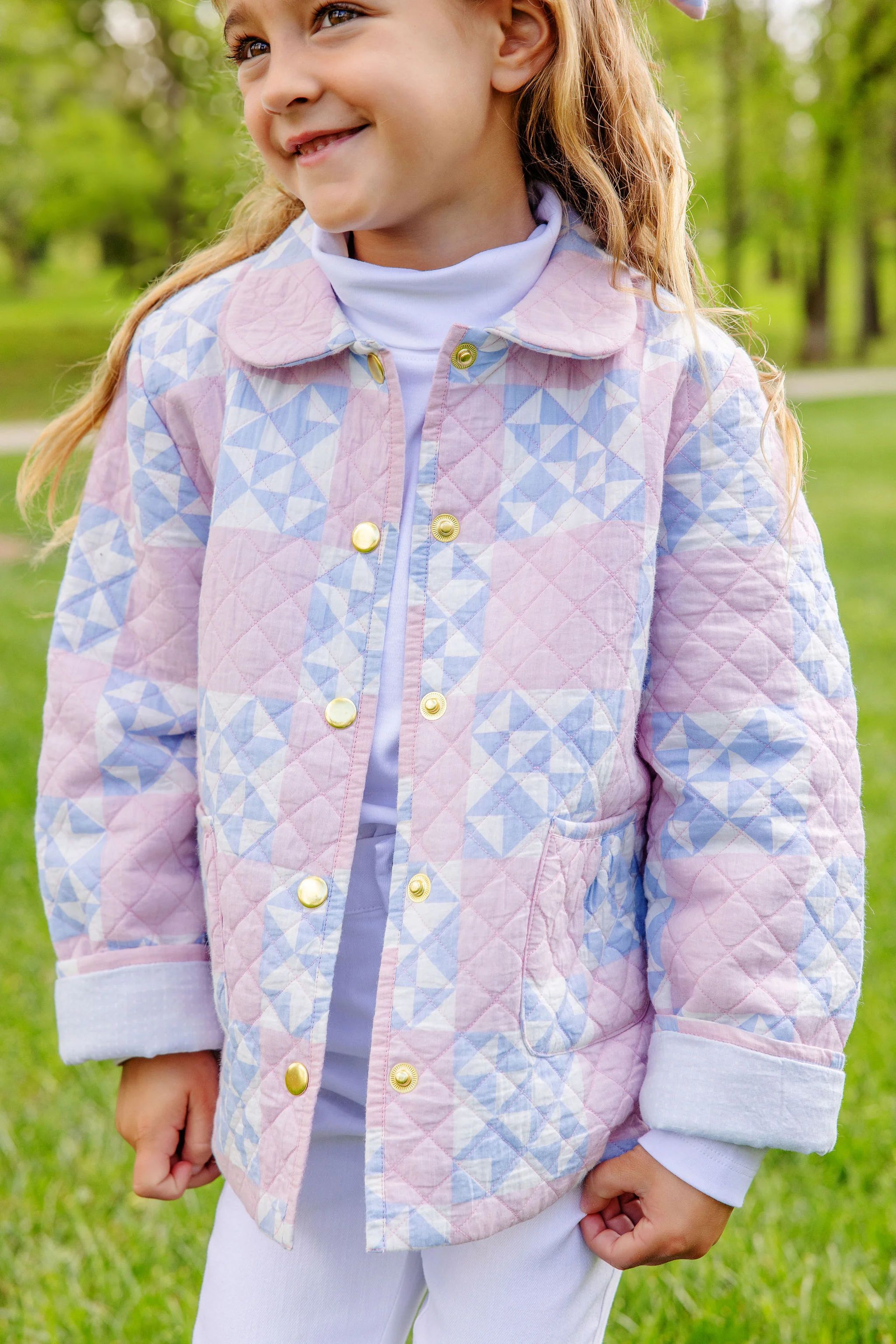 Kendall Quilted Coat - Cobble Court Quilt with Brass Buttons Microdot Lining | The Beaufort Bonnet Company