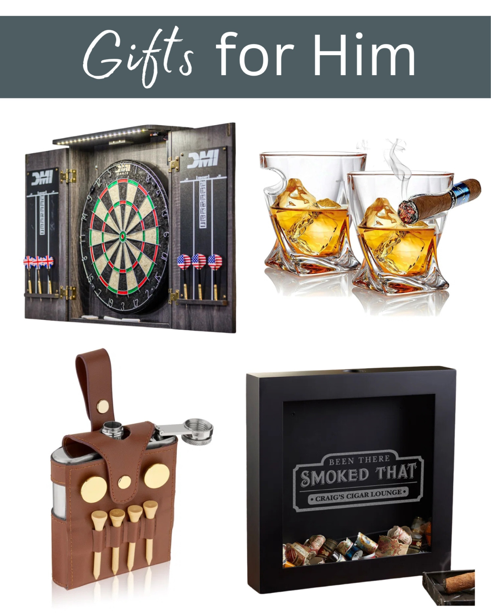 Gifts for him, dart board, whiskey glasses, flask, cigar wrapper holder 

#LTKFindsUnder100 #LTKHoliday #LTKGiftGuide