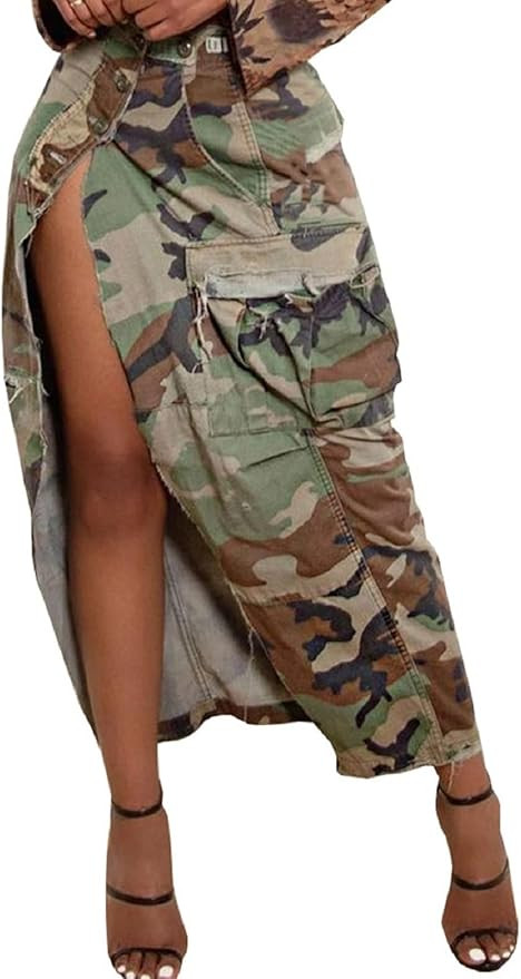 Voghtic Camo Skirts for Women High Waisted Ruched Drawstring Long Pencil Skirts with Pockets | Amazon (US)