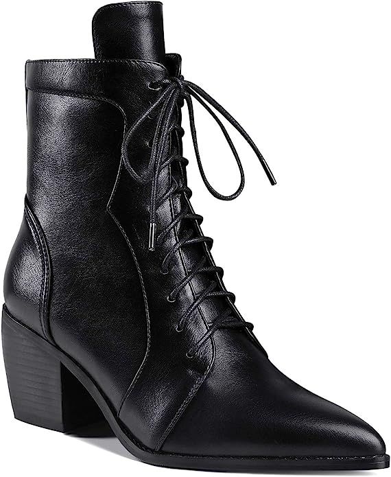 LEHOOR Women Stacked Block Heel Pointed Toe Ankle Boots Lace Up with Side Zipper Chelsea Booties ... | Amazon (US)