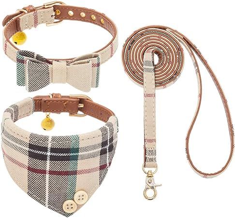 Bow Tie Dog Collar and Leash Set Classic Plaid Adjustable Dogs Bandana and Collars with Bell for ... | Amazon (US)