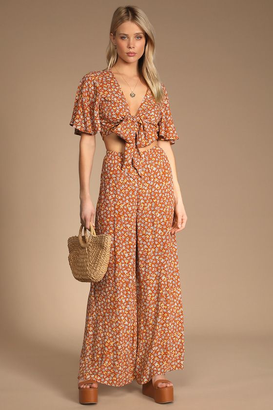 Groovy Days Rust Floral Print Tie-Front Two-Piece Jumpsuit | Lulus (US)