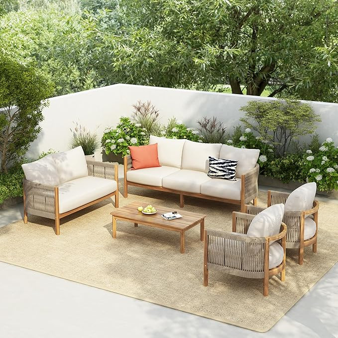 Christopher Knight Home Havets 5 Pieces Outdoor Acacia Furniture Set, Woven Rope Loveseat and Acc... | Amazon (US)