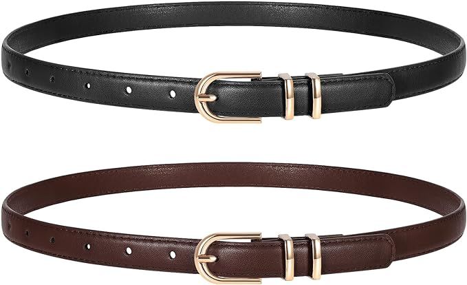 2 Pack Women Skinny Leather Belts for Jeans Pants Thin Faux Leather Belt with Gold Buckle | Amazon (US)