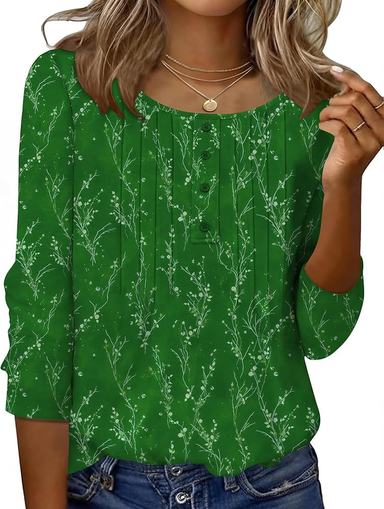 Ivicoer Women's 3/4 Length Sleeve Tops Crewneck Button Pleated Dressy Casual Blouses | Amazon (US)