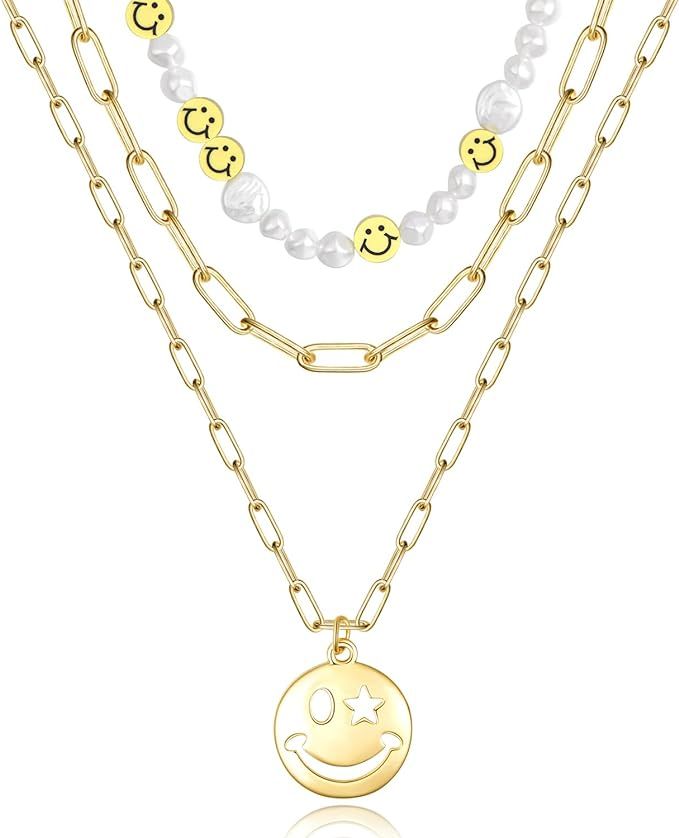KissYan Smiley Face Necklaces for Women, Layered Pearl Smile Choker Necklace 14K Gold Plated Happ... | Amazon (US)
