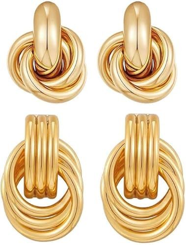 2 Pairs Gold Knot Earrings Chunky Statement Earrings Geometric Drop Dangle Earring Long Twisted J... | Amazon (US)