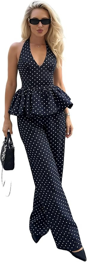 Two Piece Skirt Set for Women Retro Sleeveless Halter Top Long Trousers Polka Dot Matching Summer... | Amazon (US)