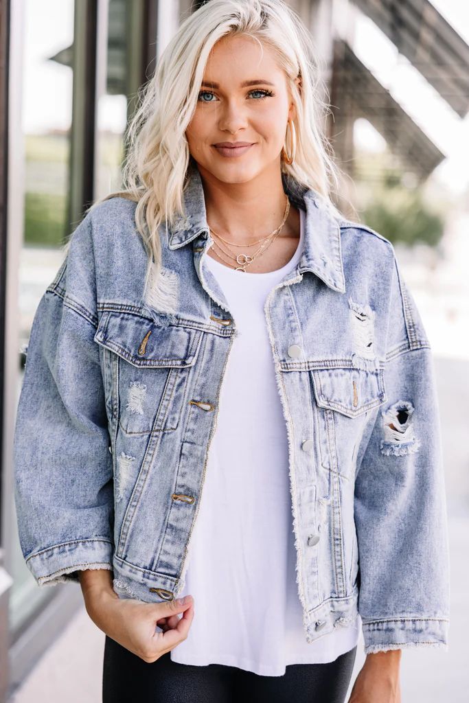 On Your Time Denim Blue Distressed Jacket | The Mint Julep Boutique