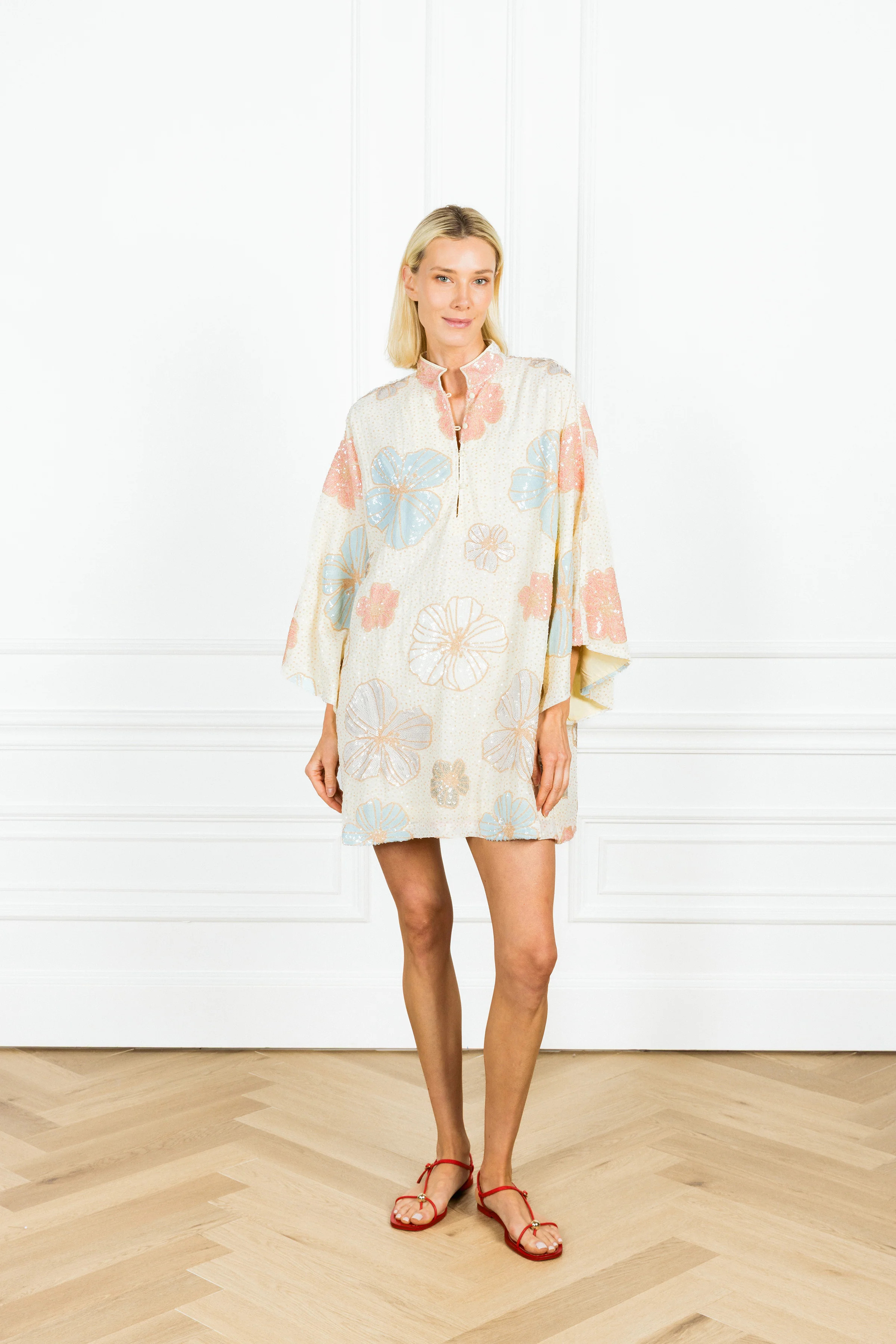 Cream Hibiscus Sequin Micro Caftan | La Vie Style House