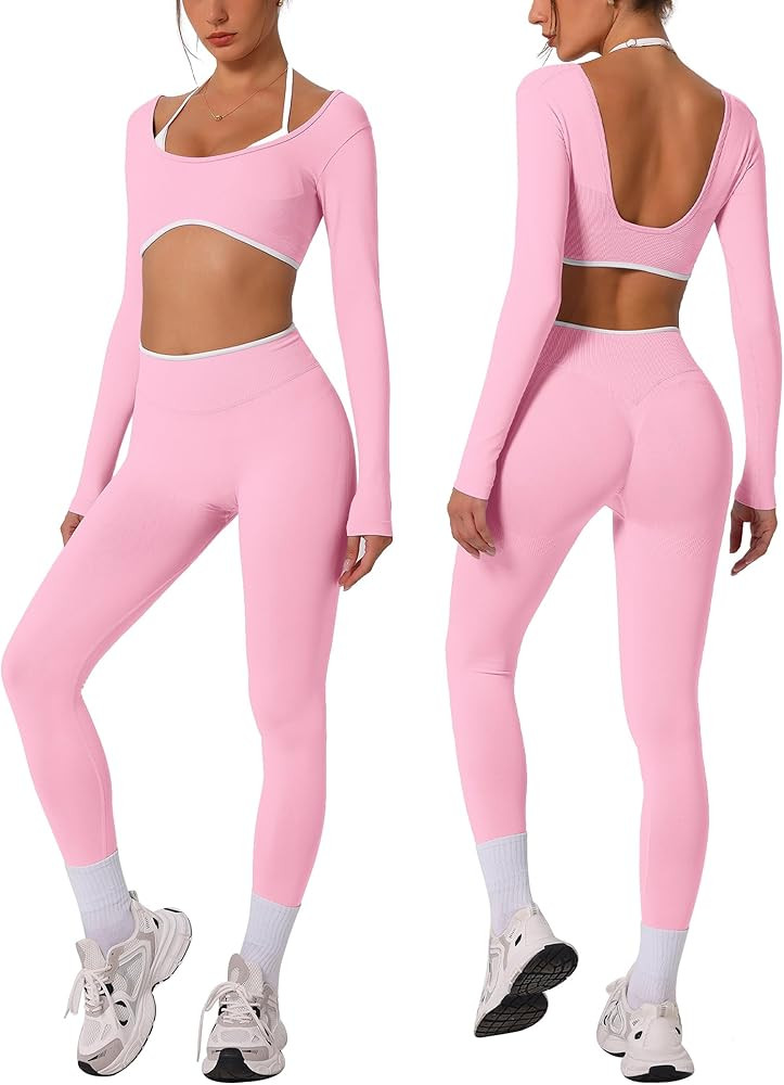 ABOCIW Workout Sets for Women Long Sleeve Crop Top Scrunch Butt Lifting High Waist Leggings 2 Pie... | Amazon (US)