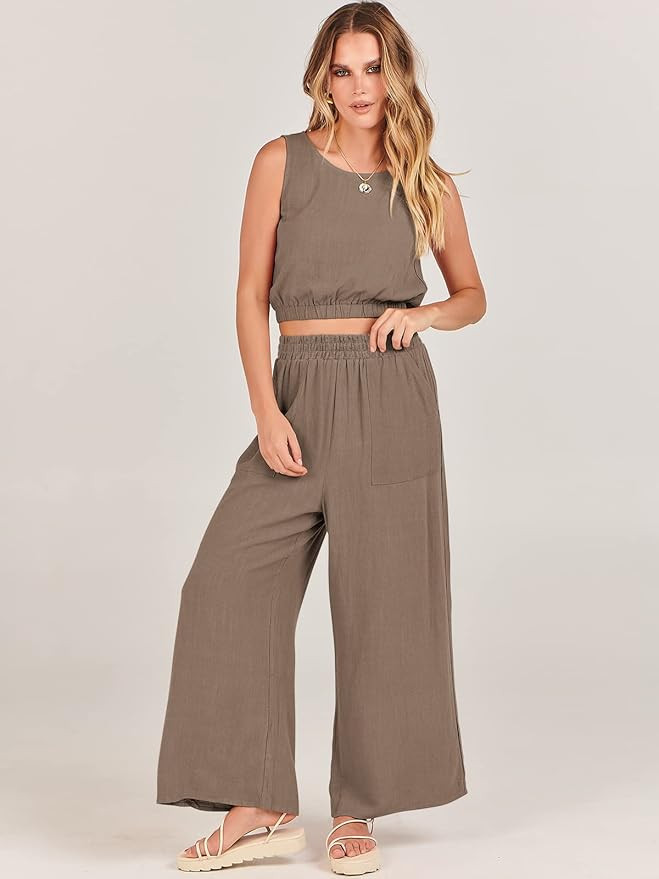 ANRABESS Women’s Summer 2 Piece Outfits Sleeveless Round Neck Crop Top Tank and High Waisted Pa... | Amazon (US)