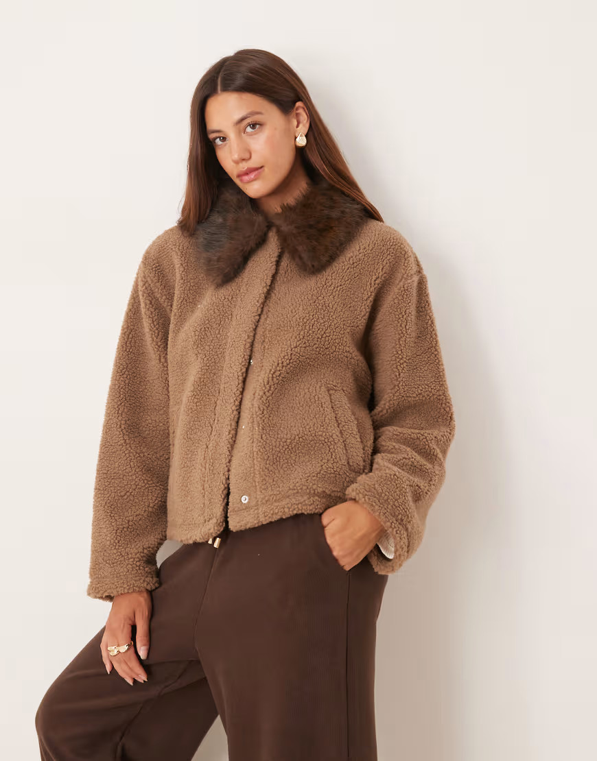ASOS DESIGN borg fleece jacket with leopard faux fur collar-Brown | ASOS (Global)