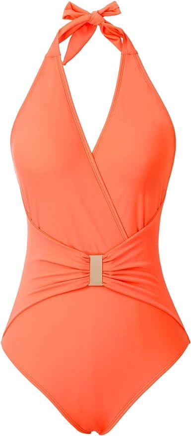 GRACE KARIN Women's Halter Swimwear V Neck Stripe One-Piece Swimsuit Monokini | Amazon (US)