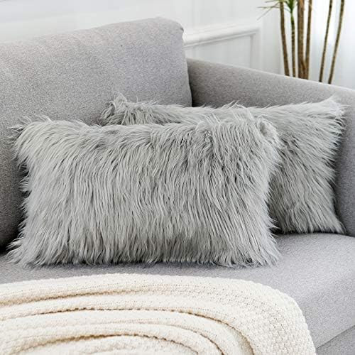 WLNUI Set of 2 Lumbar Light Grey Decorative Pillow Covers New Luxury Series Merino Style Faux Fur... | Amazon (US)