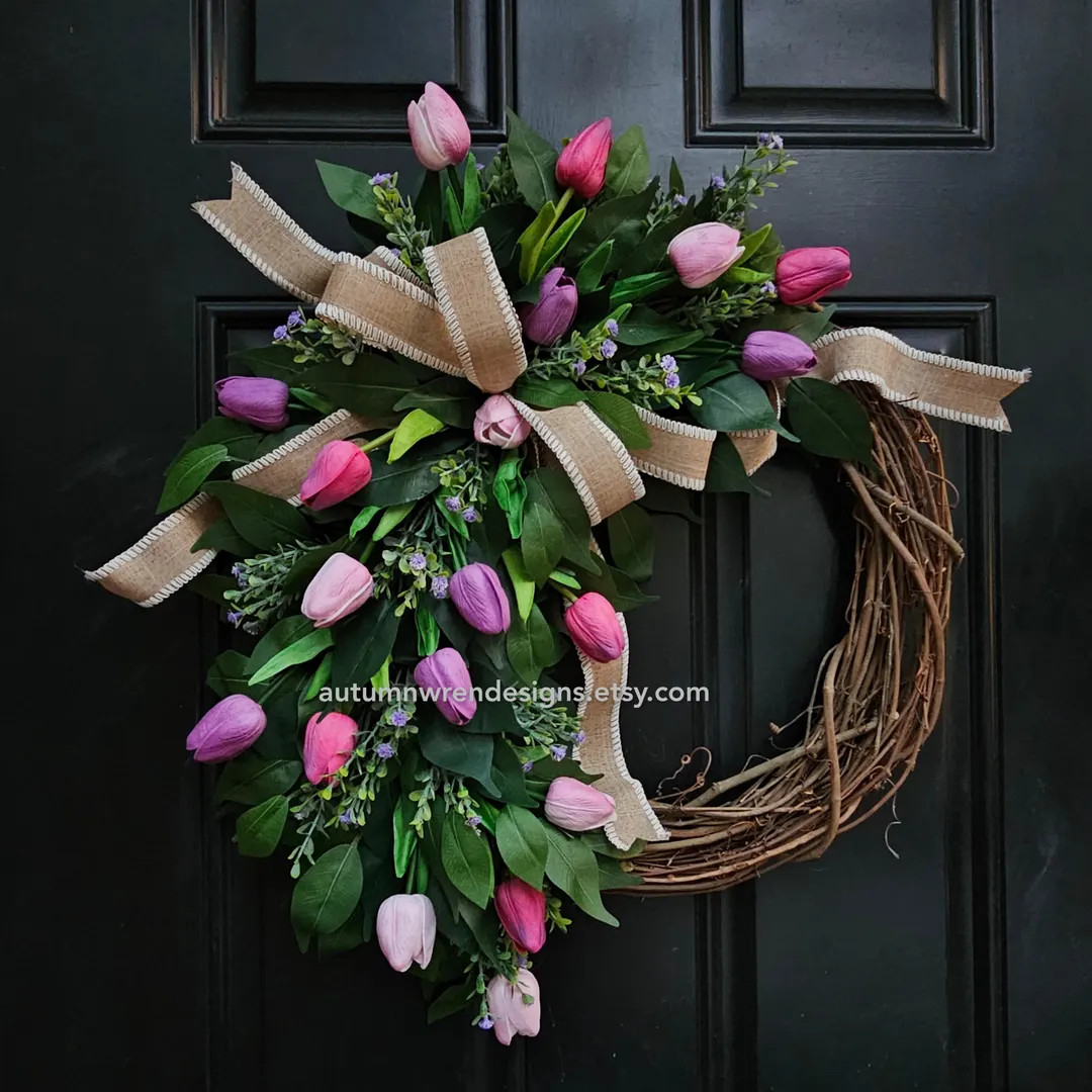 Spring Tulip Wreath, Lavender Front Door wreath, Purple Wreath, Real touch tulips, Easter decor, ... | Etsy (US)