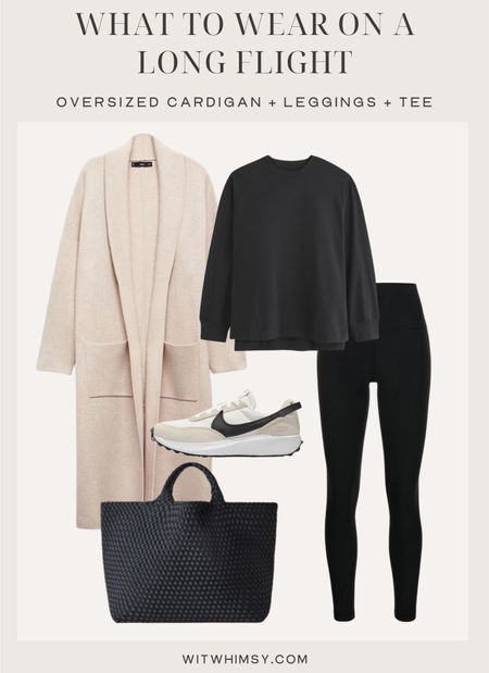 What to wear on a long flight - oversized cardigan coat, leggings, sneakers, travel bag 

#LTKstyletip #LTKtravel