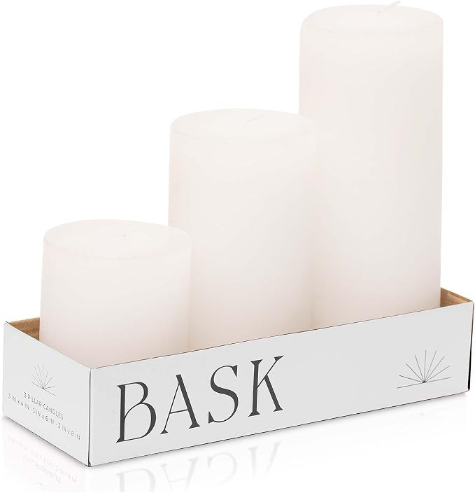 BASK Mottled Pillar Candles - Unscented White Pillar Candles Set of 3 - Dripless, Smokeless for A... | Amazon (US)