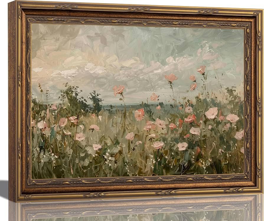Vintage Wildflower Wall Art Pink Floral Canvas Painting, Antique Gold Framed Botanical Landscape ... | Amazon (US)