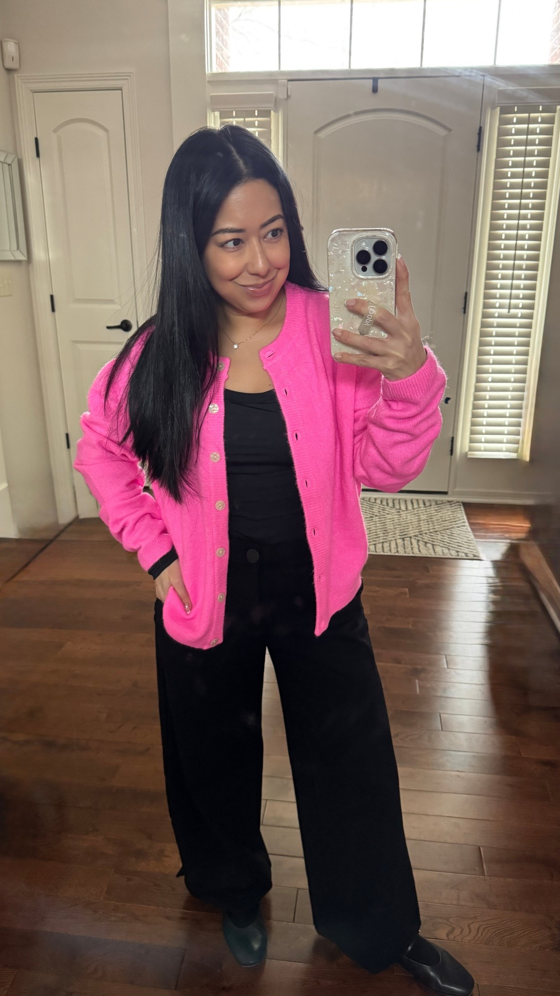Easy business casual work outfit. 
It’s still so cold here and this kept me warm!
Black wide leg pants - size down 1-2 sizes (I’m in size 0 and normally 4-6). 
Black Mary Jane flats (wearing socks bc my feet were freezing!!)  TTS. 
Pumiey long sleeve scoop neck top. - size up 1 (wearing size medium). 
Neon hot pink cardigan sweater (mine is target but sold out so linked a very similar option). - size small. 
Also linked my necklace (and a look for less) & my earrings. 

#LTKPetite #LTKWorkwear #LTKdayinmylife