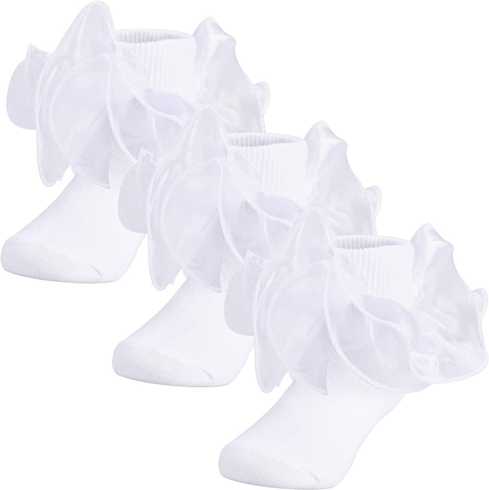 Dicry Baby Girls Double Lace Turn Cuff Socks with Big Ruffle for Infant Toddlers and Kids | Amazon (US)