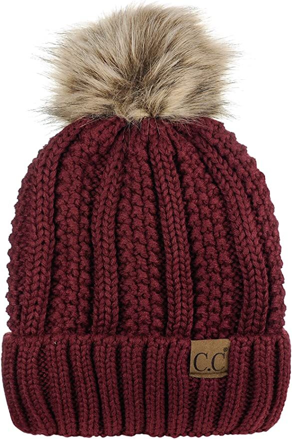 C.C Thick Cable Knit Faux Fuzzy Fur Pom Fleece Lined Skull Cap Cuff Beanie, Maroon at Amazon Wome... | Amazon (US)