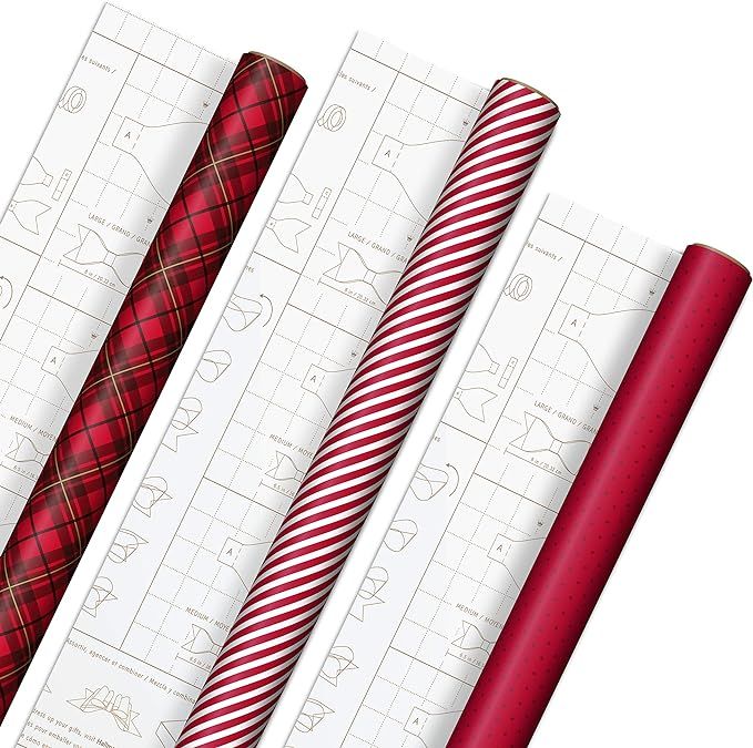 Hallmark Holiday Wrapping Paper with DIY Bow Templates on Reverse (3 Rolls: 120 sq. ft. ttl) Red ... | Amazon (US)