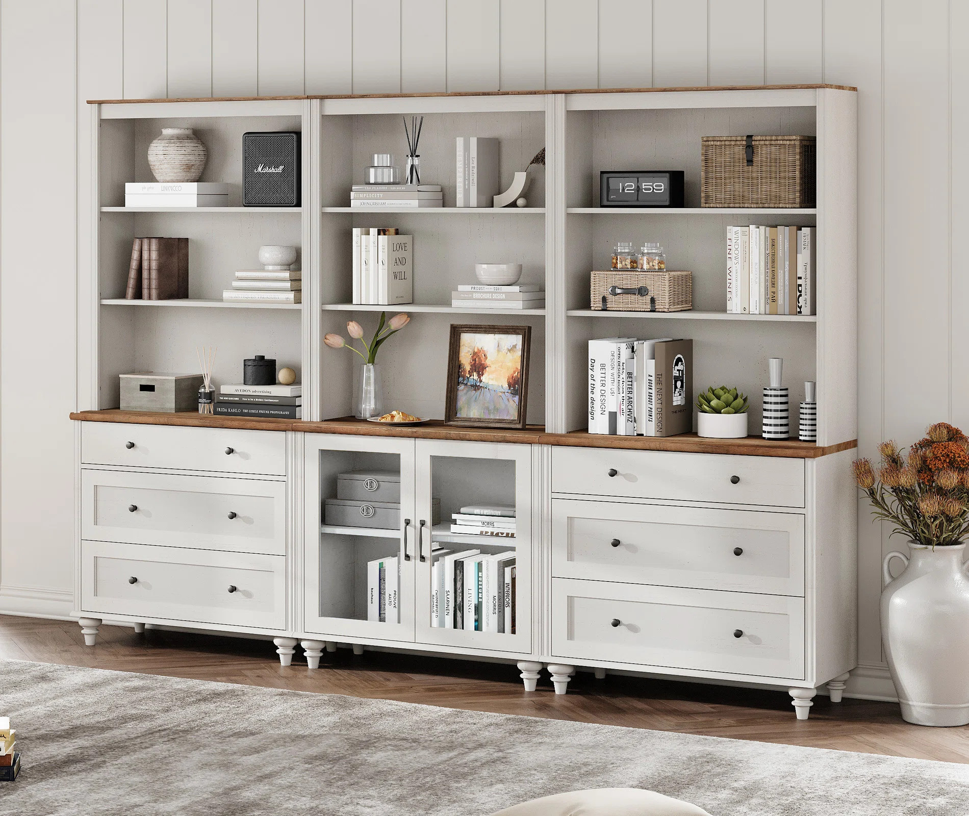 Bookcase With Drawers And Glass Doors, Tall Book Case With Open Book Shelfs, Large Wood Bookcases... | Wayfair North America