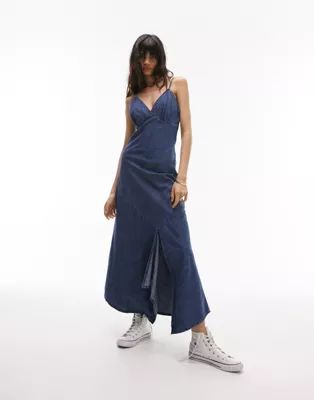 Topshop Y2K bias midi cotton blend denim dress in mid blue - MBLUE | ASOS (Global)