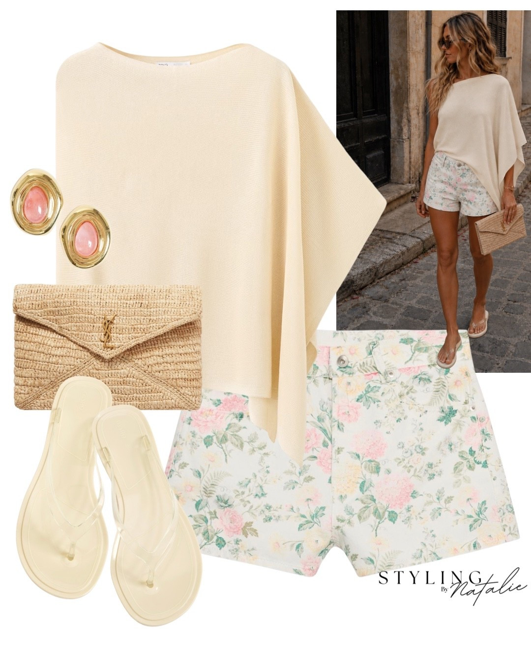Floral print denim shorts, pastel tones, asymmetrical knit cape top in pale yellow, butter yellow jelly sandals, Saint Laurent raffia clutch bag and pink earrings. 
Summer outfit, elevated casual, feminine style, Zara, date night look, holiday outfit. @Zara

#LTKuk #LTKsummer #LTKshoes