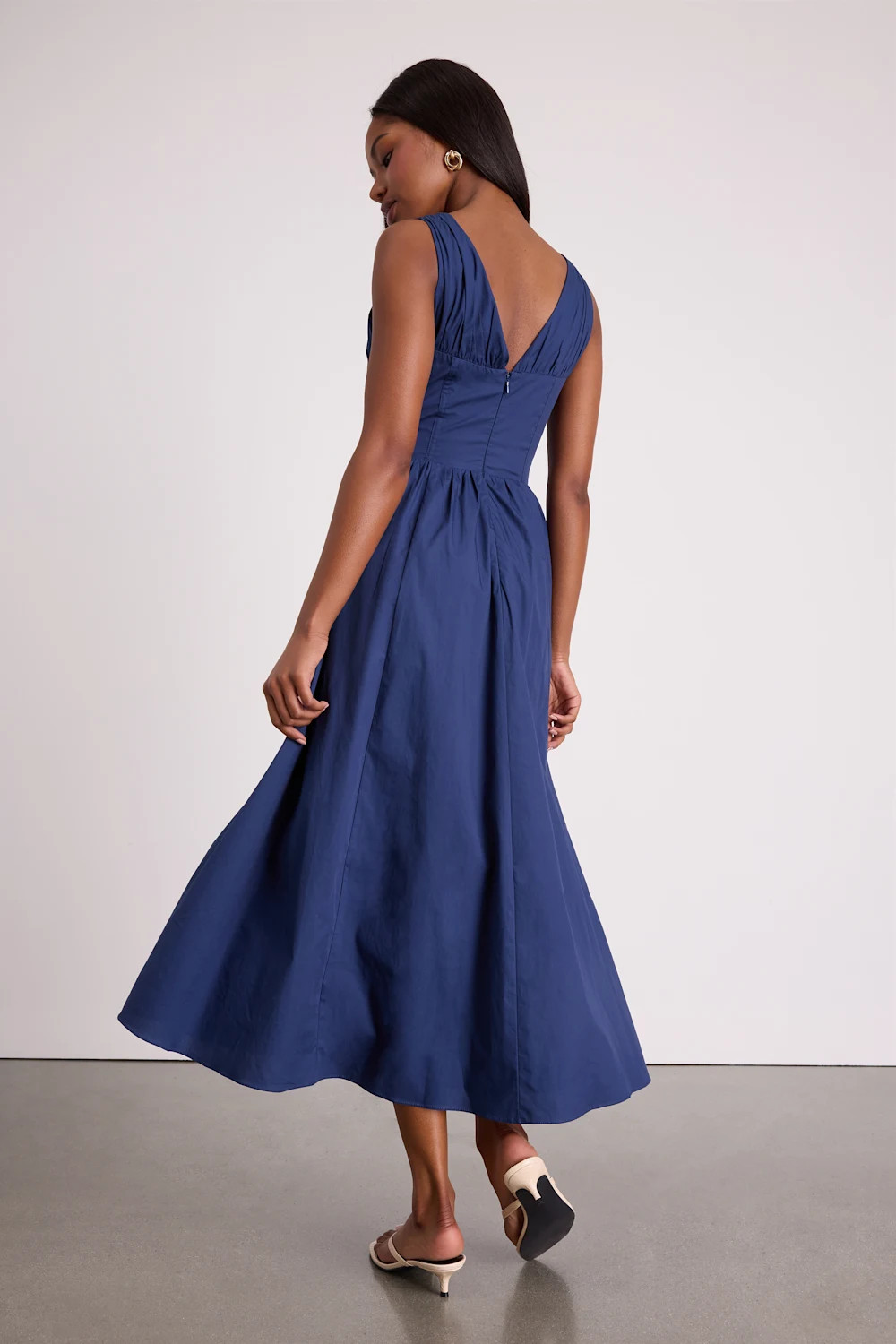 Lettie Navy Poplin Plunge Neck Midi Dress | Lulus