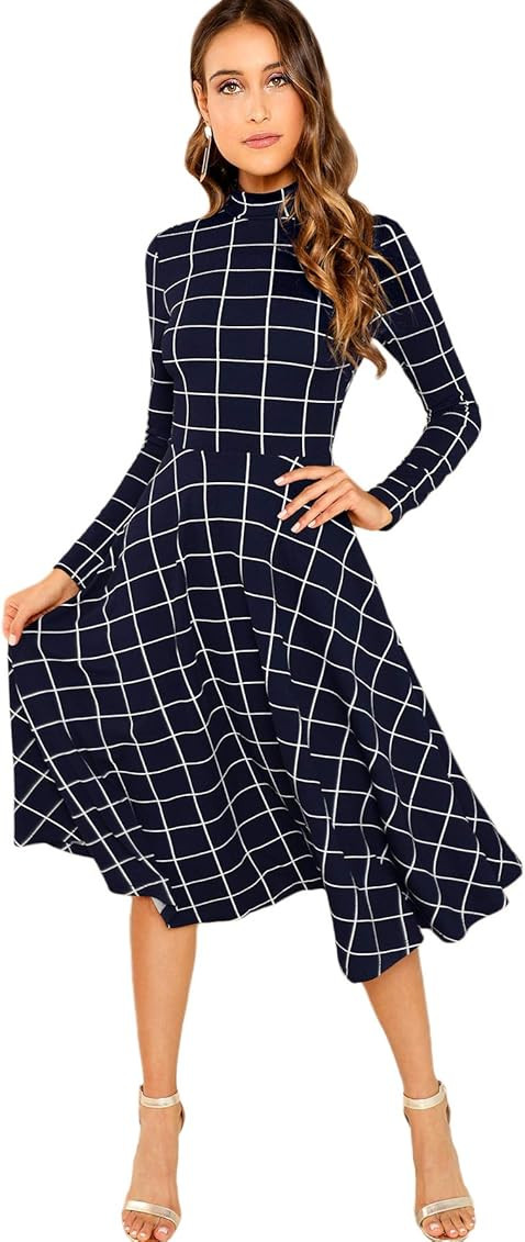 Floerns Women's High Neck Plaid Fit and Flare Midi Dress | Amazon (US)