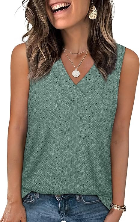 WIHOLL Tank Top for Women Summer Outfits V Neck T Shirts Trendy Eyelet Sleeveless Basic Beach Vac... | Amazon (US)