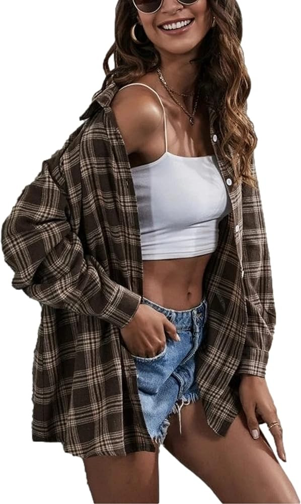 Womens Classic Plaid Shirt Long Sleeve Cotton Button Down Up Shirts Stylish Oversized Loose Fit B... | Amazon (US)