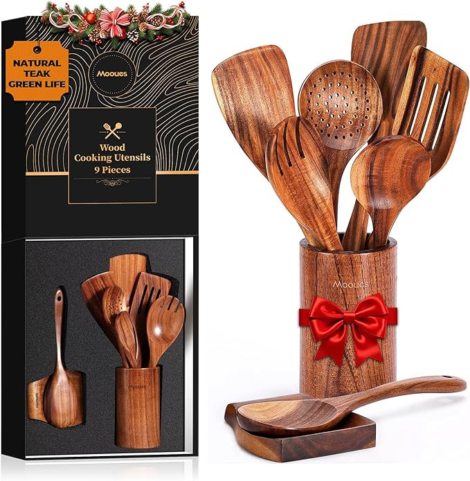 Wooden Spoons for Cooking, Wooden Utensils for Cooking Natural Teak Wooden Kitchen Utensils Set C... | Amazon (US)