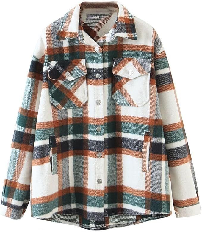 BOUTIKOME Womens Plaid Shacket Button Down Long Sleeve Shirt Coat Fall Winter Flannel Jacket Loos... | Amazon (US)