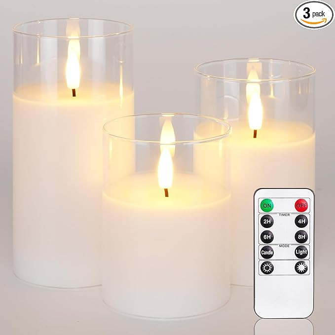 Homemory Clear Glass Flameless Candles, Pure White Wax Battery Operated Candles, LED Pillar Candl... | Amazon (US)