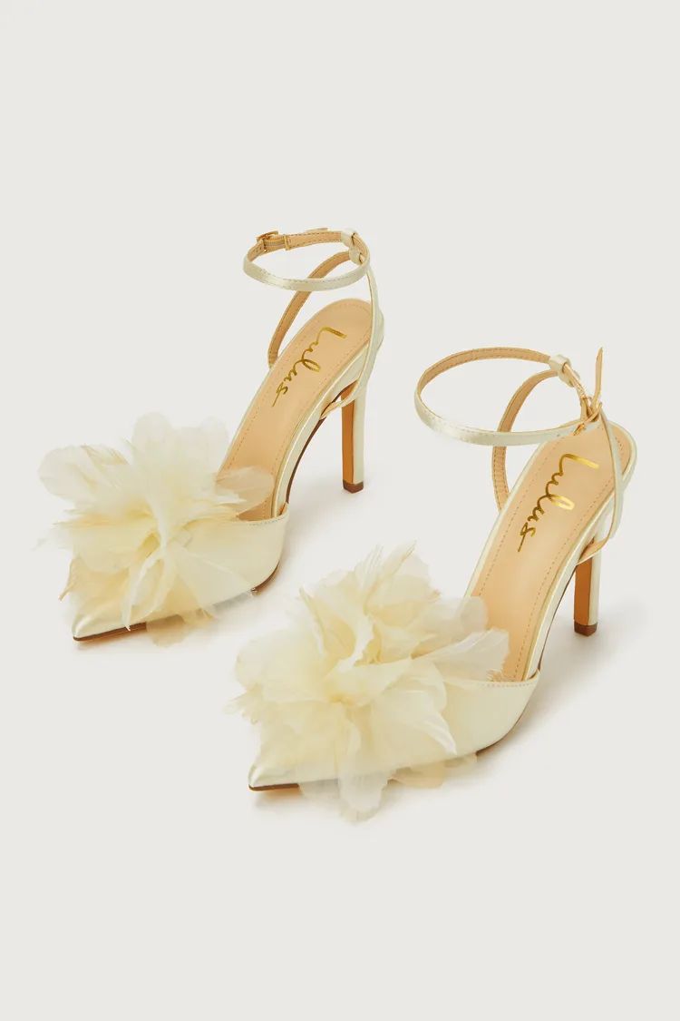 Rozallia White Satin Flower Ankle Strap High Heels | Lulus