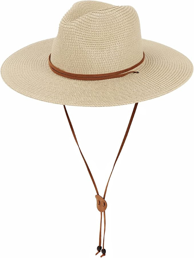 Womens Panama Straw Sun Hat Wide Brim Summer Fedora Beach Hat with Chin Strap | Amazon (US)