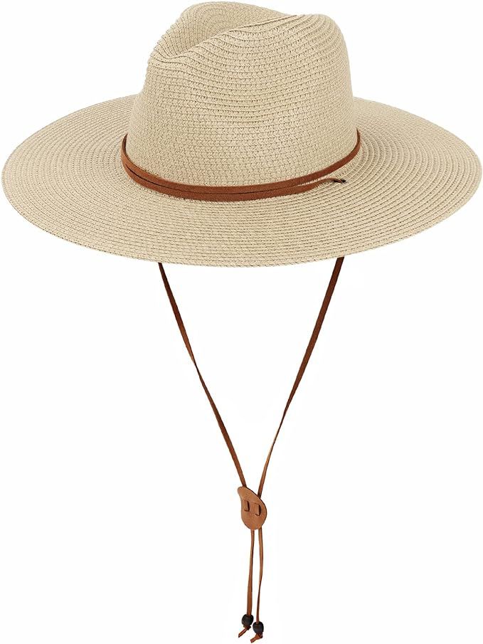 Womens Panama Straw Sun Hat Wide Brim Summer Fedora Beach Hat with Chin Strap | Amazon (US)