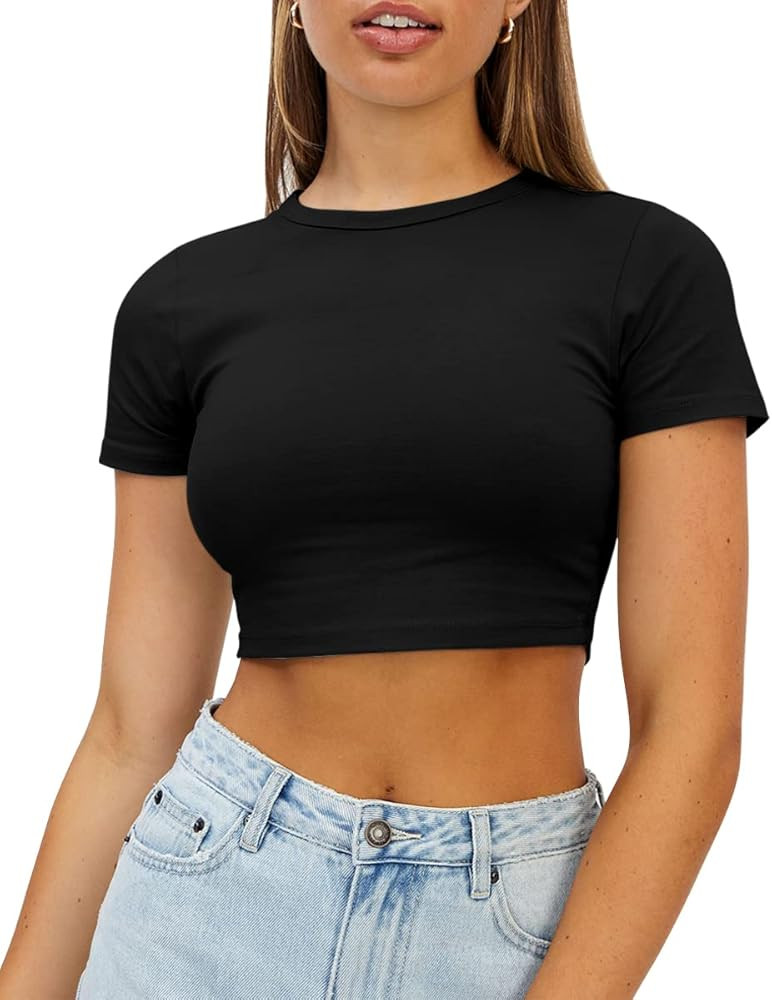 WYNNQUE Crop Tops Cute Trendy Basic Tight Scoop Neck Crop Short Sleeve Crop Top for Women or Teen... | Amazon (US)