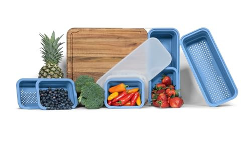 TidyBoard Meal Prep Cutting Board with Containers - Acacia Wood Cutting Board with Silicone Containers and Lids - Meal Prep Station with Strainer - Over-the-Sink Chopping Board (Starter Pack, Blue) | Amazon (US)