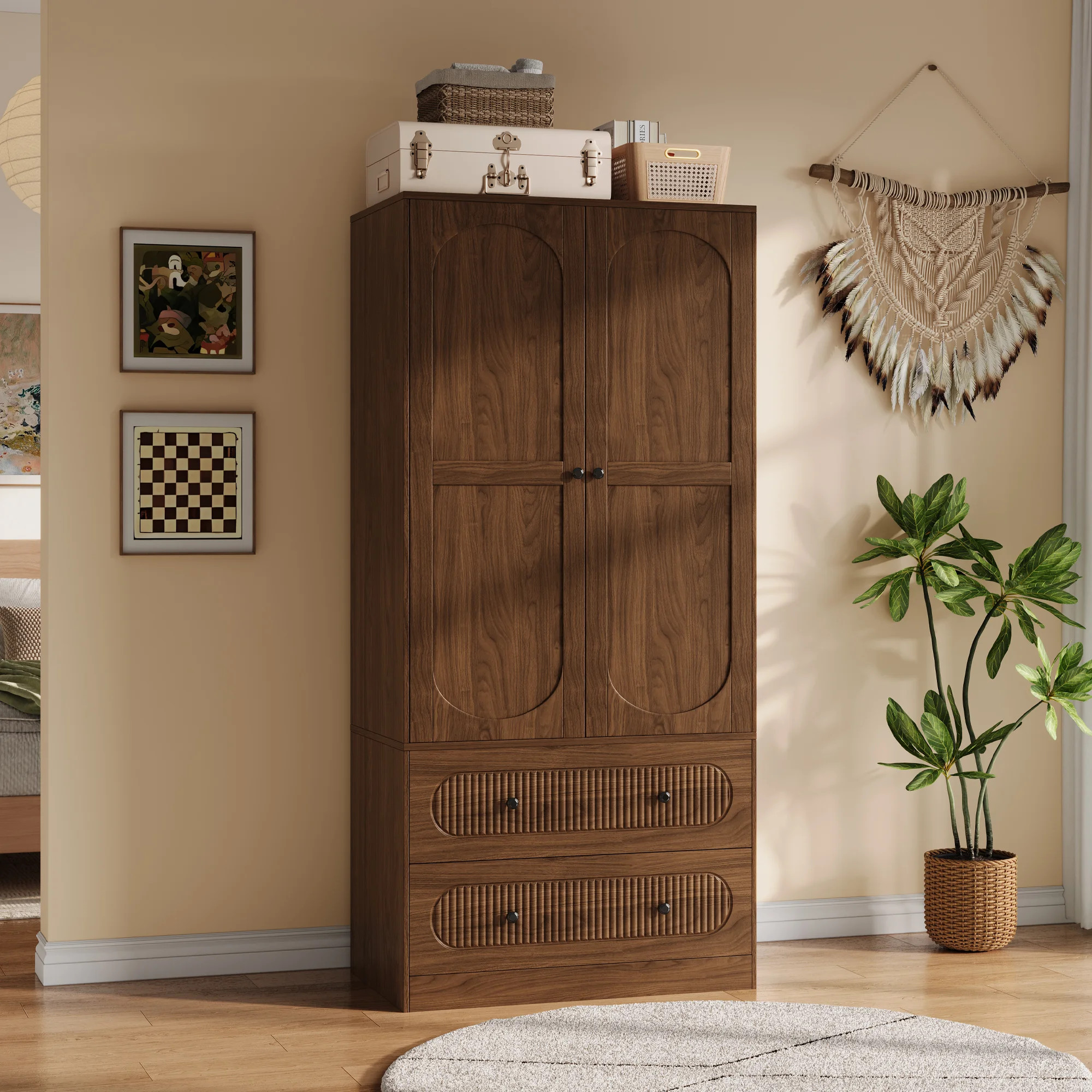 68.8" H Armoire Wardrobe With 2 Doors and 2 Fluted Drawers,Black | Wayfair North America