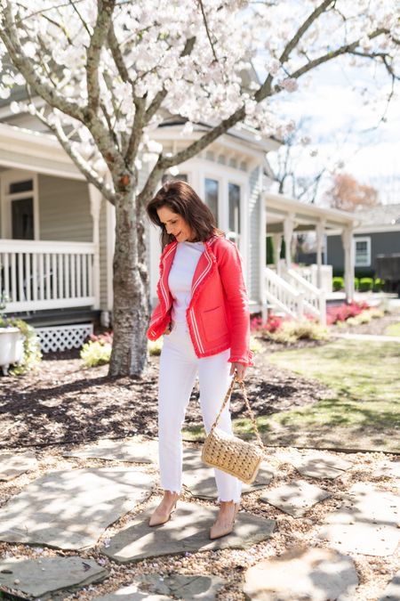 Petite perfect sweater jacket from Nic and Zoe.  The color is spectacular in person.  TTS.

My favorite straight let white jeans, a white tee, and a raffia bag.

Petite spring outfits, spring outfits
#ltkpetite #petite

#LTKover40 #LTKSeasonal #LTKshoecrush