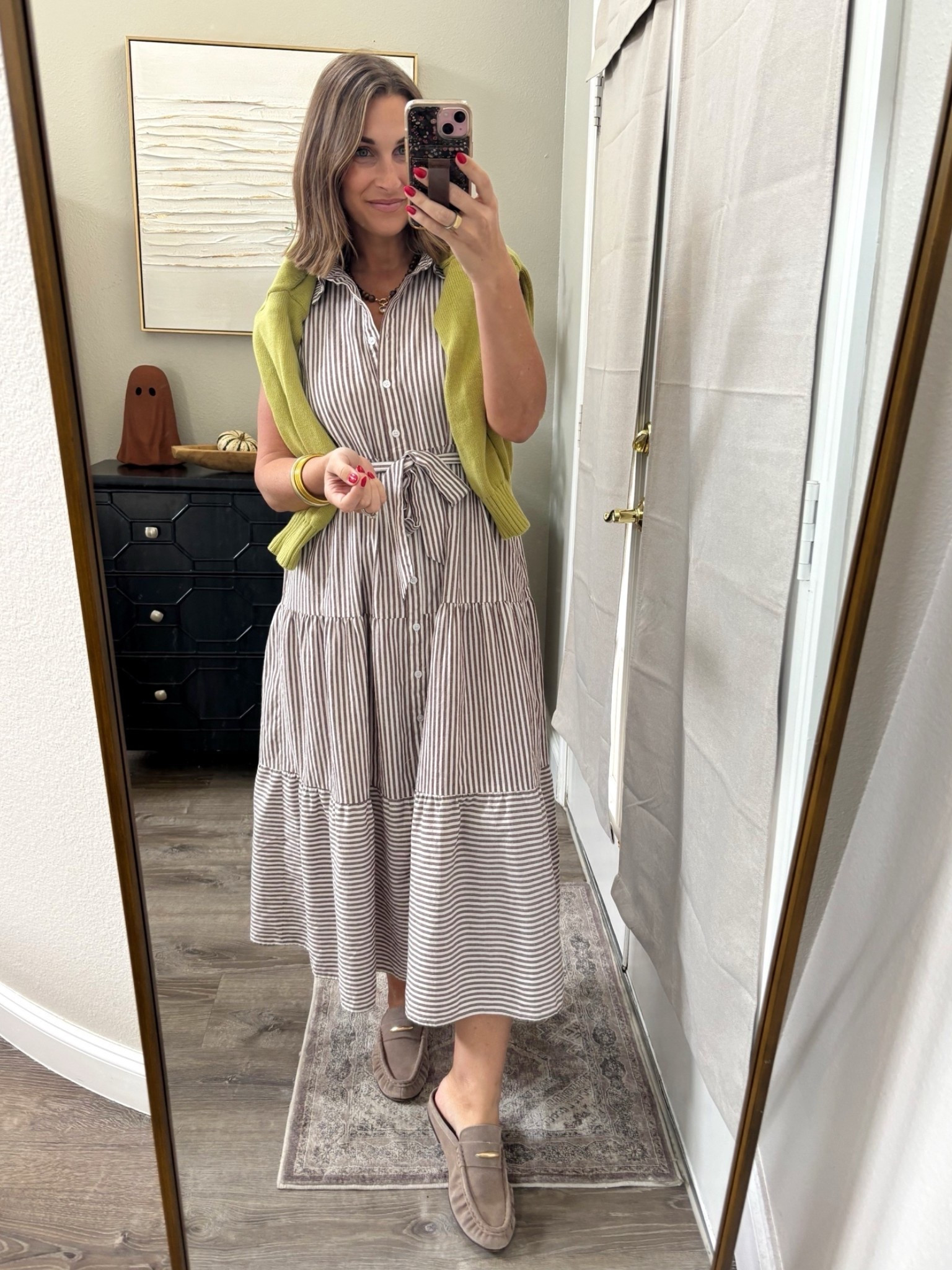Such an easy fall outfit! 🍂🤎 This striped midi dress is 32% off right now and so cute layered with a cardigan!!

Fall outfit, fall fashion, fall dress, Amazon prime day deals, Amazon sale