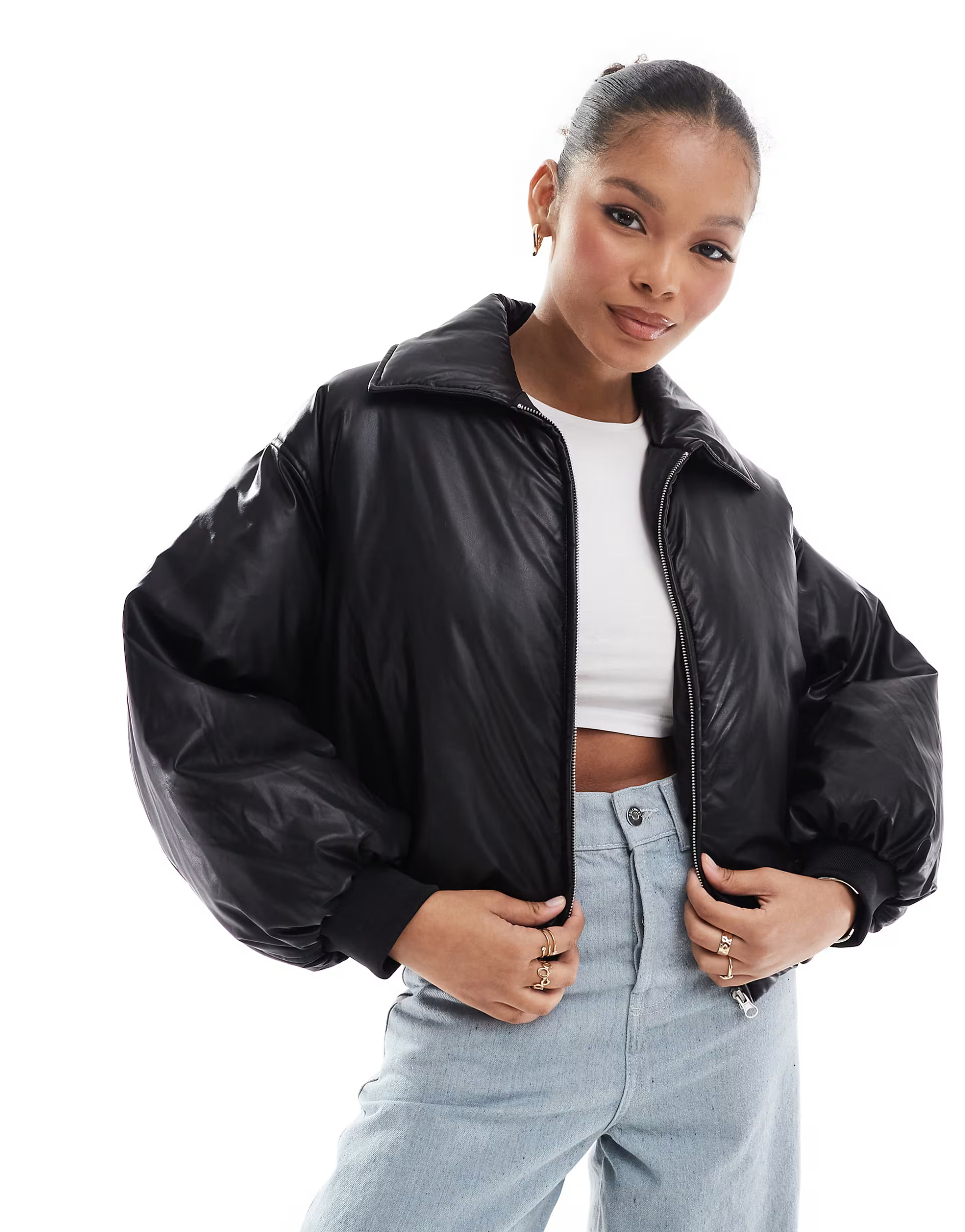 Stradivarius STR faux leather puffer jacket in black | ASOS (Global)