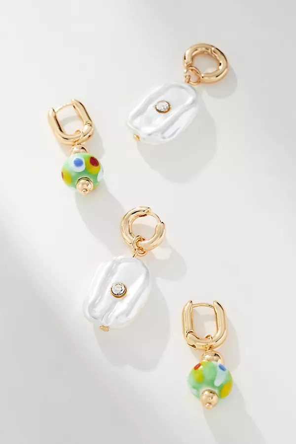 Pearl & Glass Charm Huggie Hoop Earrings, Set of 2 | Anthropologie (US)