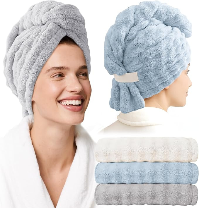 Microfiber Hair Towel Wrap for Women - 3 Pack Super Absorbent Quick Dry Hair Turban for Curly/Str... | Amazon (US)