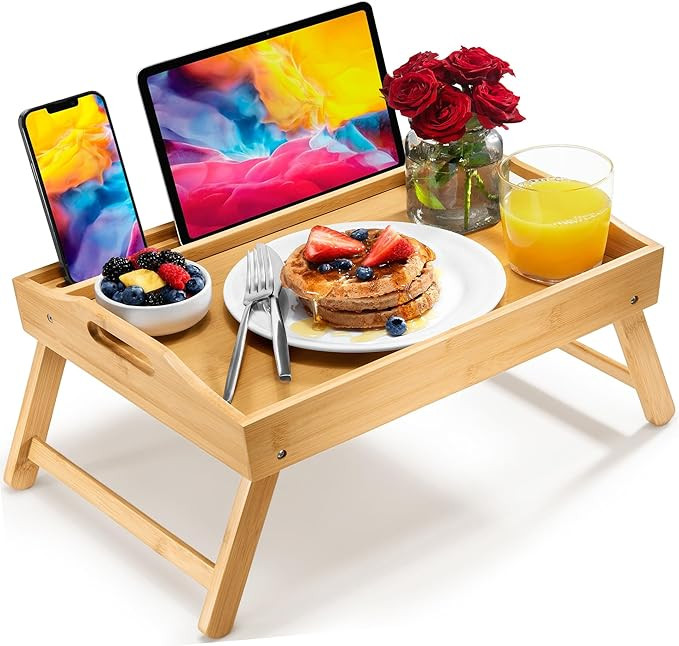 Bed Table Tray with Folding Legs, Laptop Holder and Handles - Breakfast Tray Bamboo Bed Tray for ... | Amazon (US)